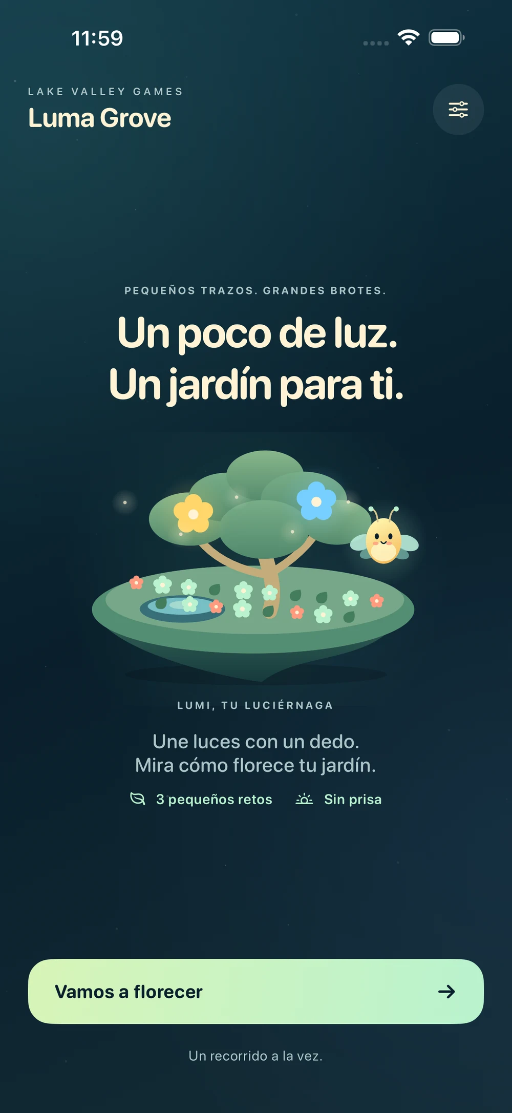 El jardín de Luma Grove: un árbol, flores y Lumi, la luciérnaga, en una isla flotante