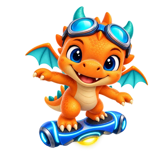 Zippy, un pequeño dragón naranja sobre su tabla voladora