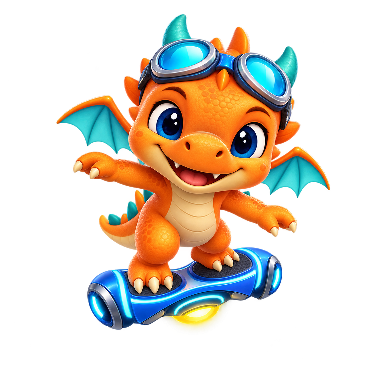 Zippy, un pequeño dragón naranja sobre su tabla voladora